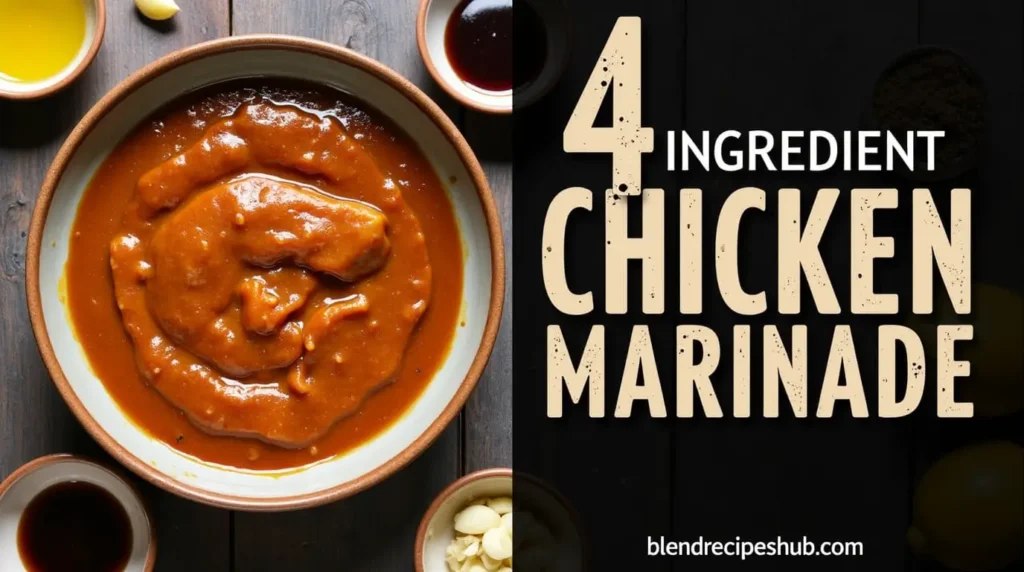 Top-down view of a bowl filled with 4 ingredient chicken marinade, with soy sauce, olive oil, garlic, and lemon juice, alongside rustic bold text on the right or left side