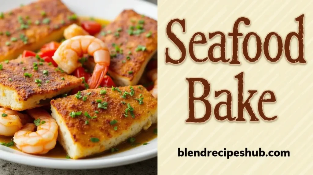 Seafood Bake with shrimp, lobster, crab, and fish fillets