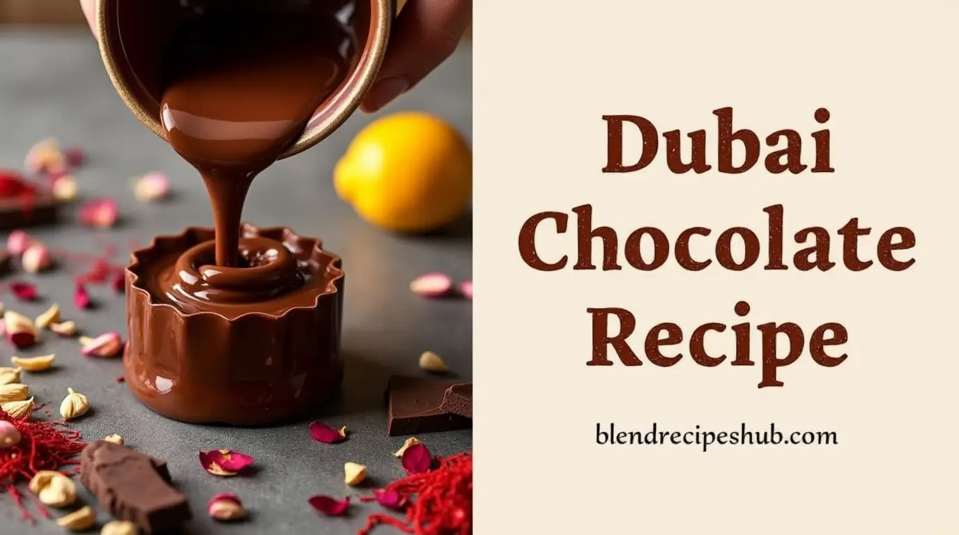 A visually divided image featuring a rich, luxurious Dubai Chocolate Recipe. One side showcases melted chocolate, saffron, cardamom, and rose petals