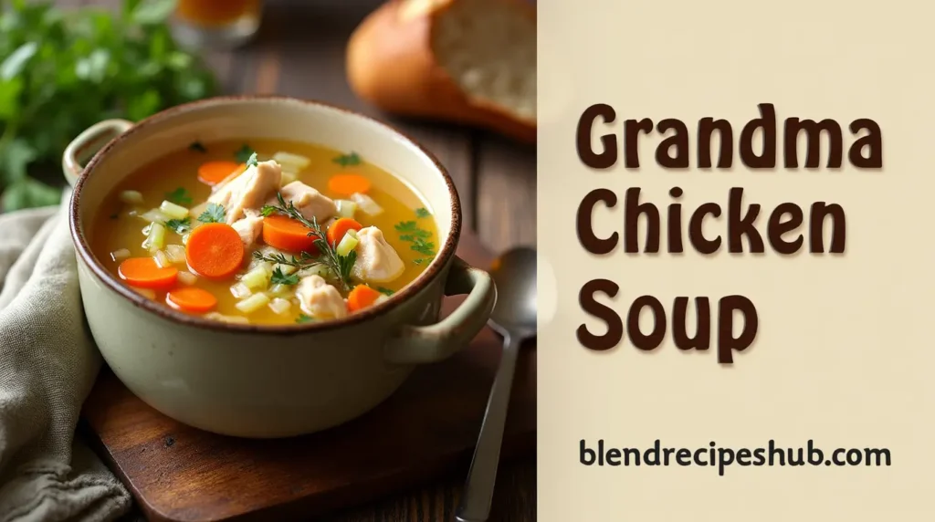A comforting bowl of Grandma Chicken Soup with chicken, vegetables, and herbs in a golden broth, served in a rustic kitchen.