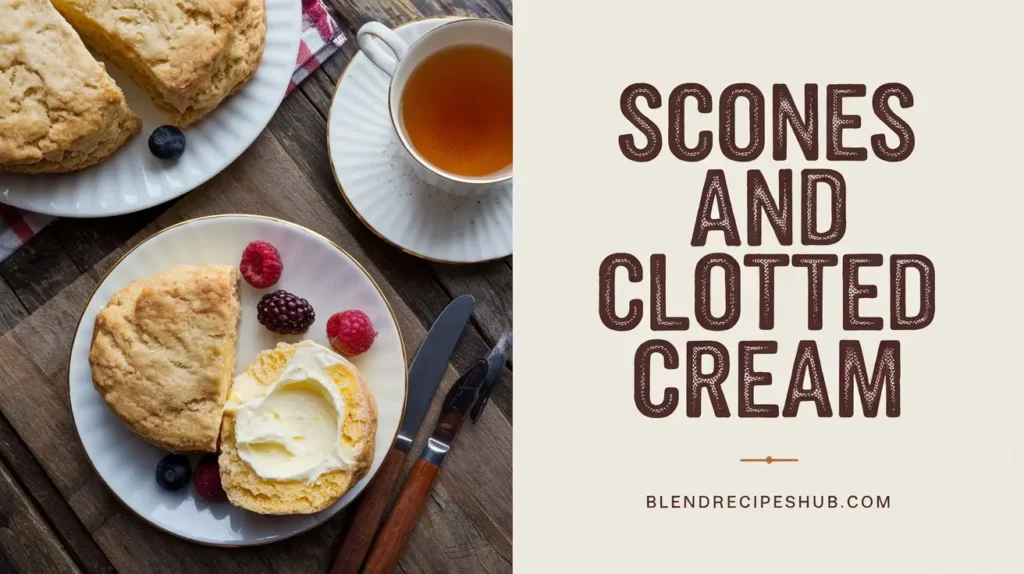 Scones with clotted cream and a cup of tea, with bold text 'Scones and Clotted Cream' and website name 'blendrecipeshub.com' displayed on the side.