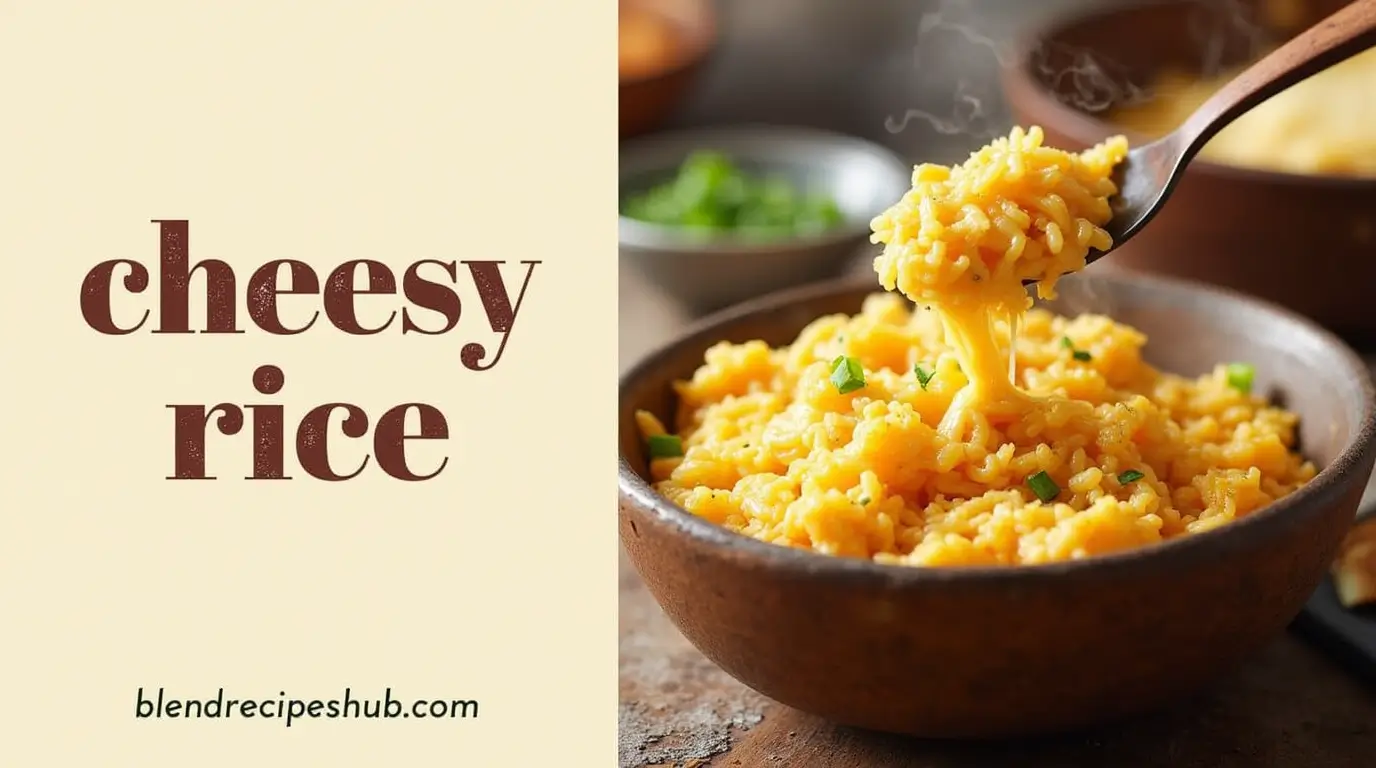 Creamy cheesy rice recipe in a rustic bowl with melted cheese, paired with bold rustic lettering for the title 'cheesy rice' and the website name 'blendrecipeshub.com' below