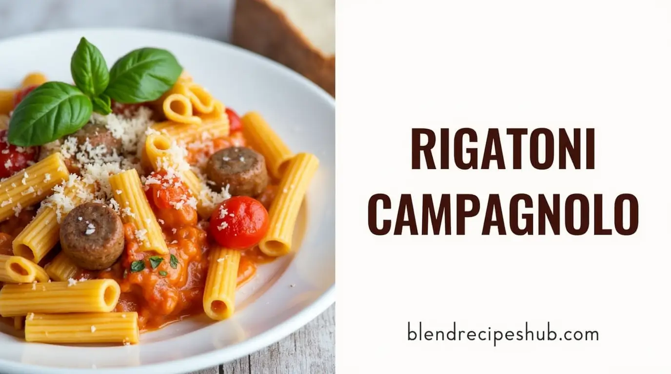 Rigatoni Campagnolo with sausage, tomatoes, and rigatoni, garnished with basil