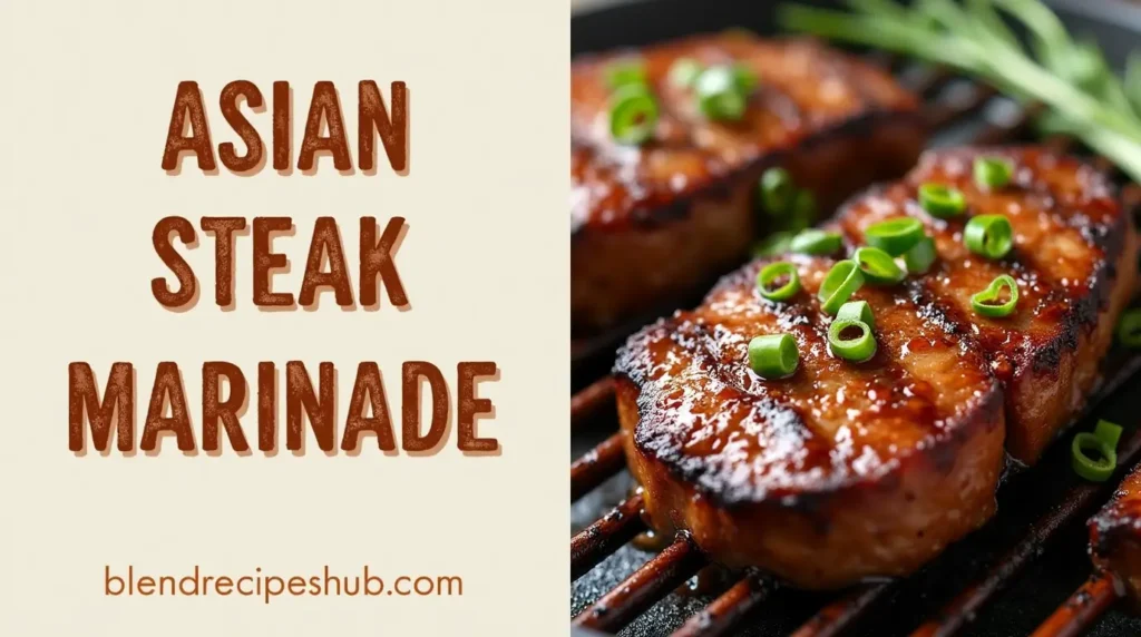 Image of Asian Steak Marinade recipe with marinated steak, divided into two sections with bold rustic title and website name.