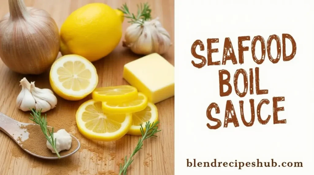 Seafood Boil Sauce Recipe ingredients with text on the side saying 'Seafood Boil Sauce' in bold, rustic lettering and 'blendrecipeshub.com' below