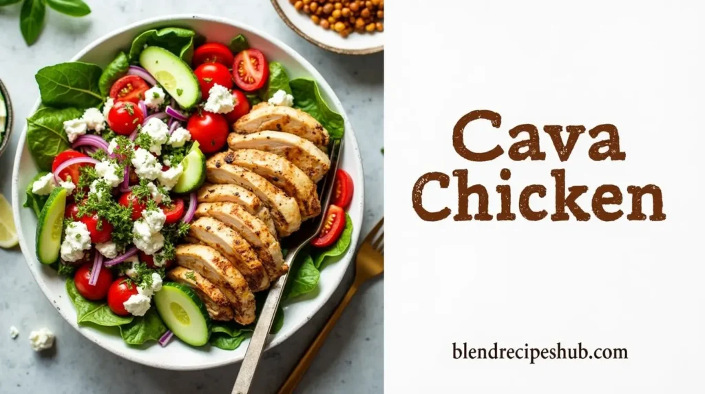 Cava Chicken Recipe with a Mediterranean-inspired bowl of grilled chicken, fresh vegetables, and toppings. The title 'Cava Chicken' and website name 'blendrecipeshub.com' displayed on the right.