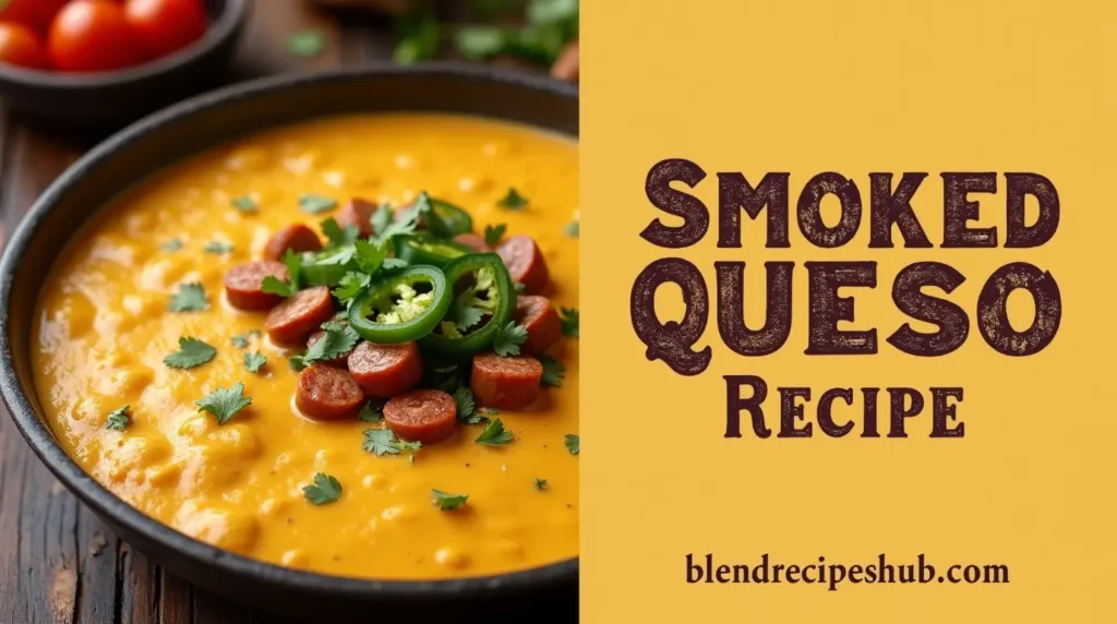 Smoked Queso Recipe with bold rustic lettering and blendrecipeshub.com