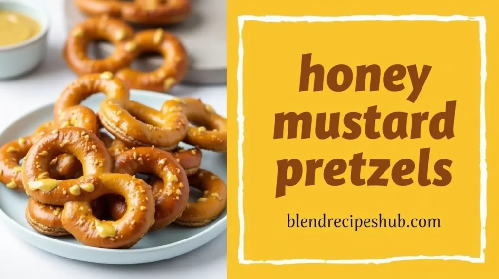 Honey mustard pretzels with rustic text and the website name "blendrecipeshub.com."