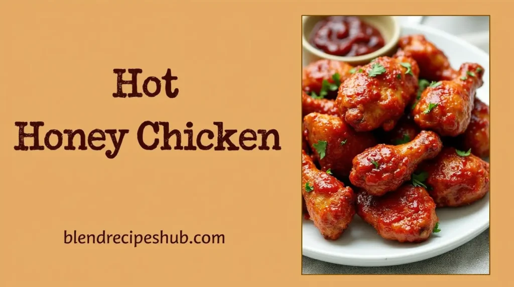 Hot Honey Chicken recipe with bold text on the side, showcasing crispy chicken glazed in a sweet and spicy sauce.