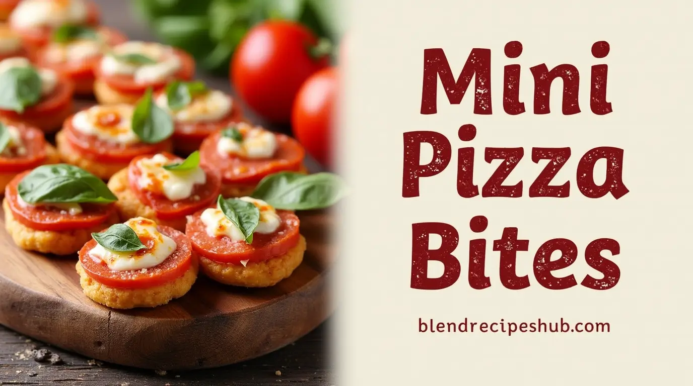 Mini Pizza Bites with melted cheese and vibrant toppings, with the text "Mini Pizza Bites" and website name ‘blendrecipeshub.com’ on the side.