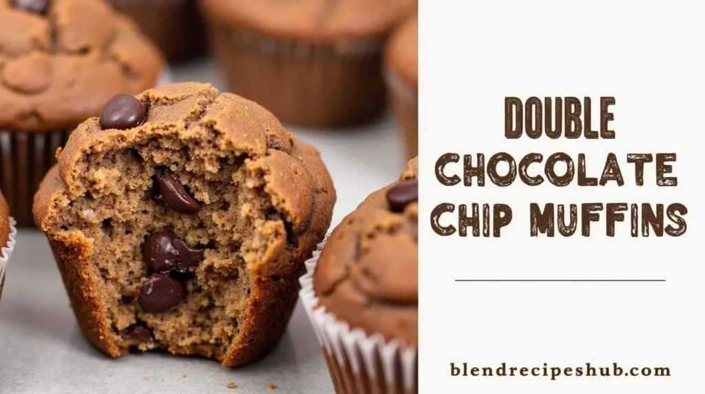 Delicious Double Chocolate Chip Muffins with gooey chocolate chips and rustic text layout on the right side
