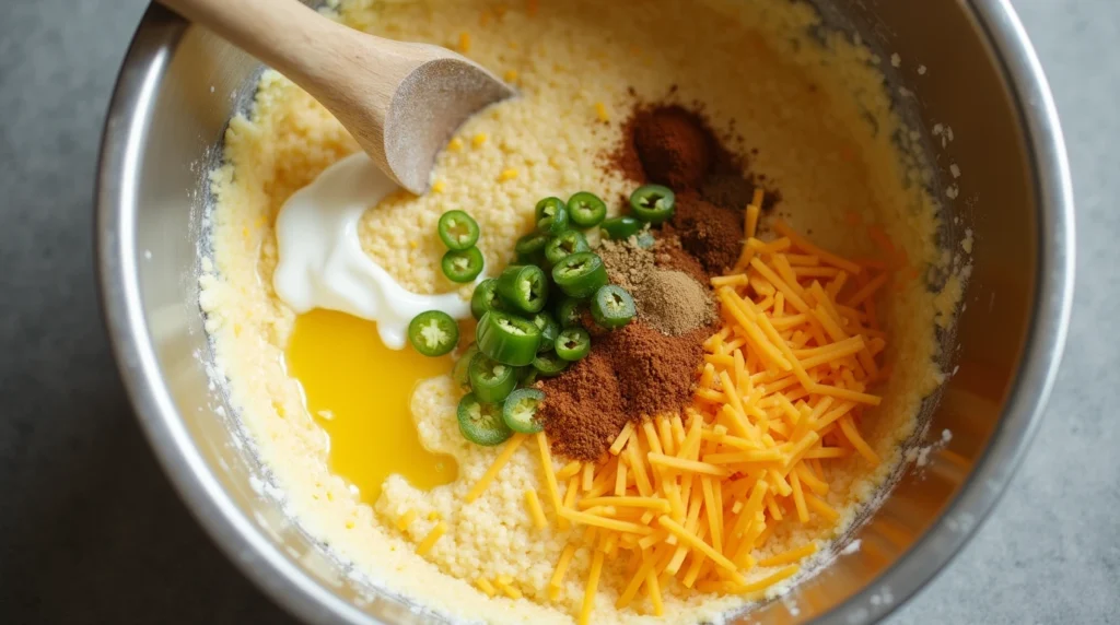 Jiffy Mexican Cornbread Recipe: 5 Steps For A Bold and Sweet Spicy Southern Classic 3 Bowl of cheddar cheese, jalapeños, green chilies, and spices ready to add flavor to a Jiffy Mexican Cornbread Recipe.