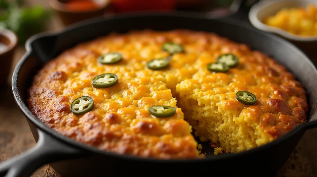 Jiffy Mexican Cornbread Recipe: 5 Steps For A Bold and Sweet Spicy Southern Classic 4 Golden, freshly baked Jiffy Mexican Cornbread with a crispy crust and cheesy interior, served in a cast-iron skillet.