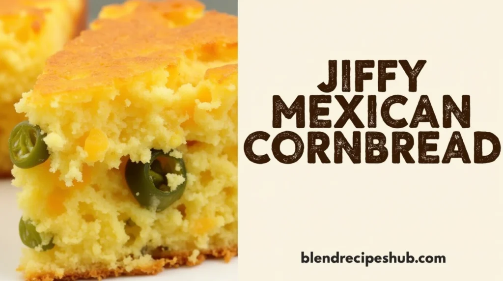 A vertical image of Jiffy Mexican Cornbread Recipe, with the cornbread on the left and text on the right.