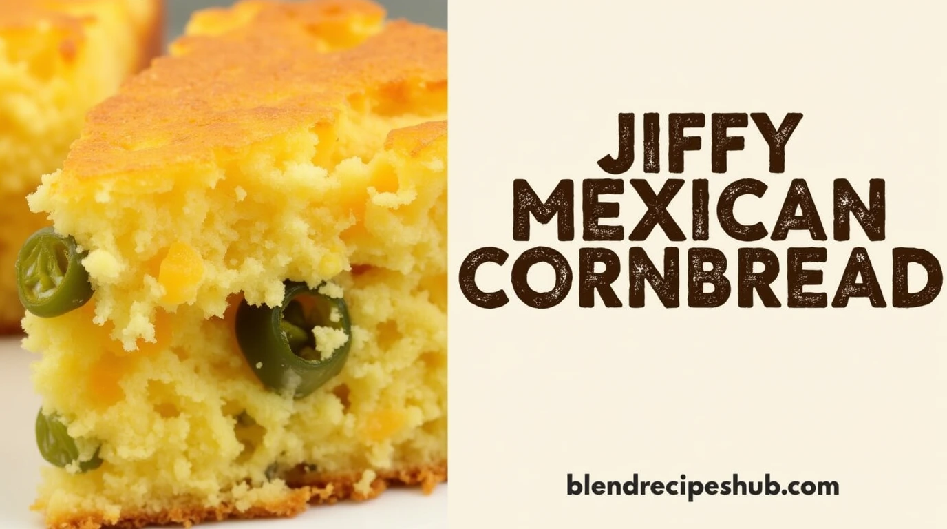 Jiffy Mexican Cornbread Recipe: 5 Steps For A Bold and Sweet Spicy Southern Classic 1 A vertical image of Jiffy Mexican Cornbread Recipe, with the cornbread on the left and text on the right.