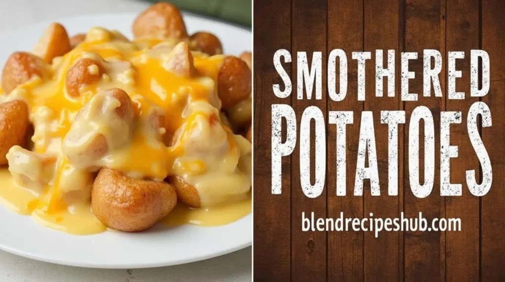 Smothered Potatoes with creamy sauce and melted cheese, featuring bold text ‘Smothered Potatoes’ and website name blendrecipeshub.com