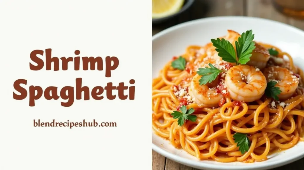 Shrimp spaghetti recipe with a close-up of a delicious plate of shrimp pasta, garnished with fresh herbs and Parmesan