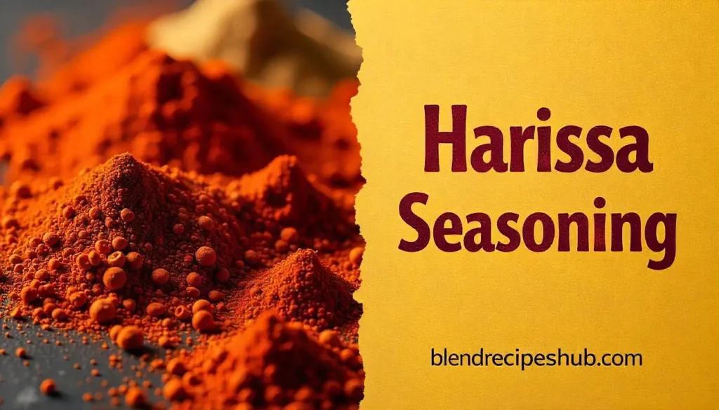 A split image with one side showing the ingredients of Harissa Seasoning and the other side featuring bold, rustic text with the name "Harissa Seasoning" and the website name ‘blendrecipeshub.com’