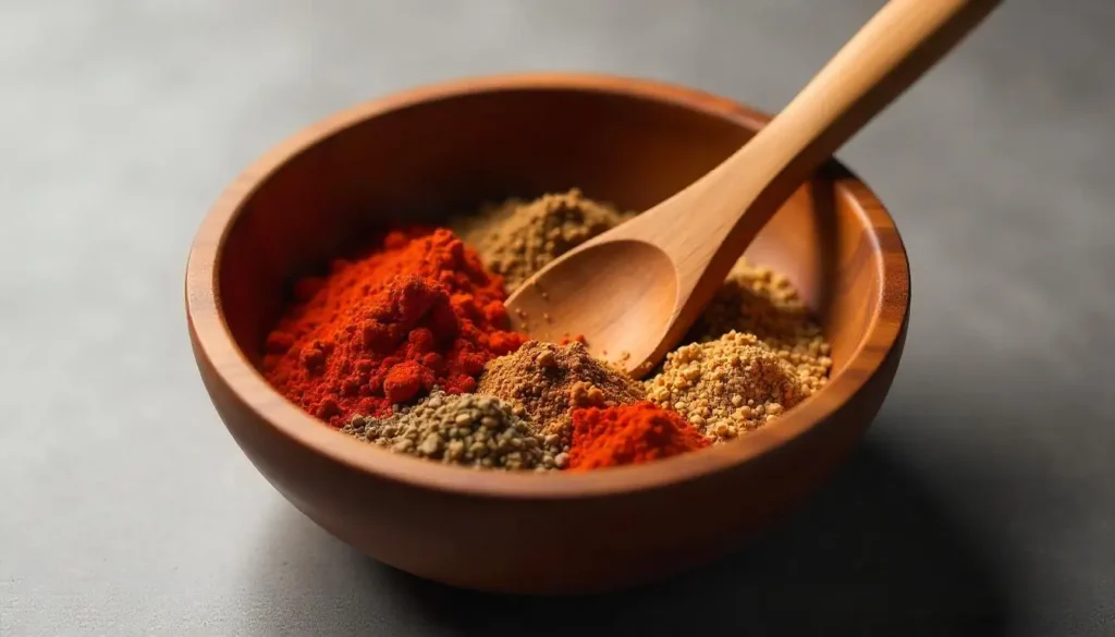 The Best Harissa Seasoning Recipe You’ve Never Tried – 4 Steps to Perfection 3 Spices being blended together in a wooden bowl for Harissa Seasoning.