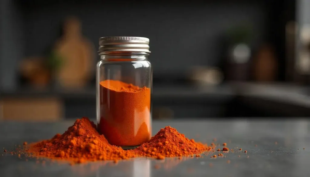 The Best Harissa Seasoning Recipe You’ve Never Tried – 4 Steps to Perfection 4 Airtight container storing homemade Harissa Seasoning with raw spices like paprika, cumin, and chili powder in the background.