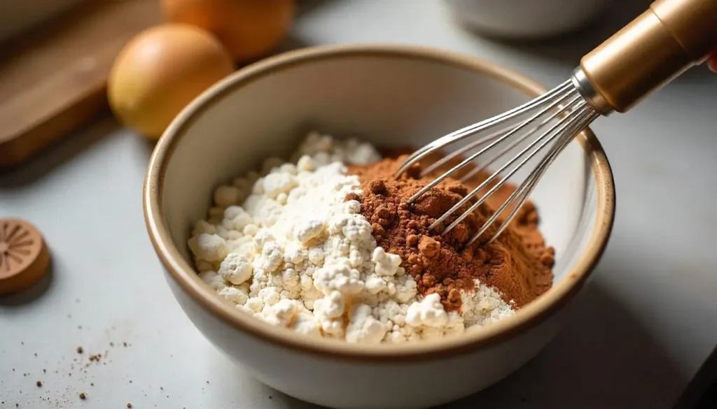 How to Make the Best Chocolate Bread Recipe in 30 Minutes 2 Mixing dry ingredients like flour, cocoa powder, and baking soda for chocolate bread.