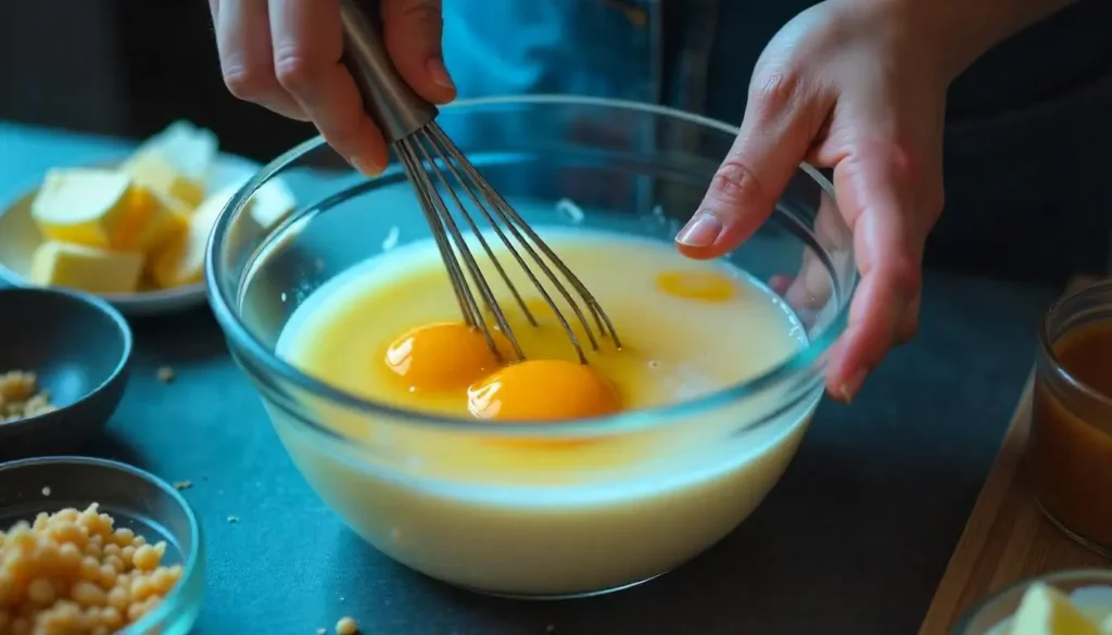 How to Make the Best Chocolate Bread Recipe in 30 Minutes 3 Mixing wet ingredients for chocolate bread, including eggs, melted butter, and vanilla extract in a glass bowl.