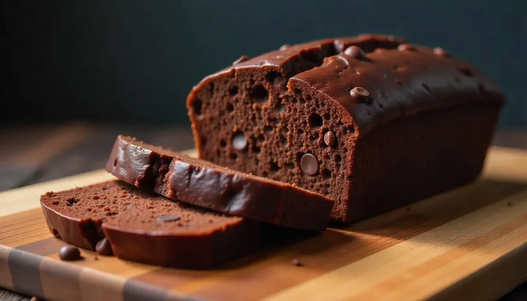 How to Make the Best Chocolate Bread Recipe in 30 Minutes 4 Freshly baked chocolate bread with slices showing its moist interior, placed on a wooden countertop
